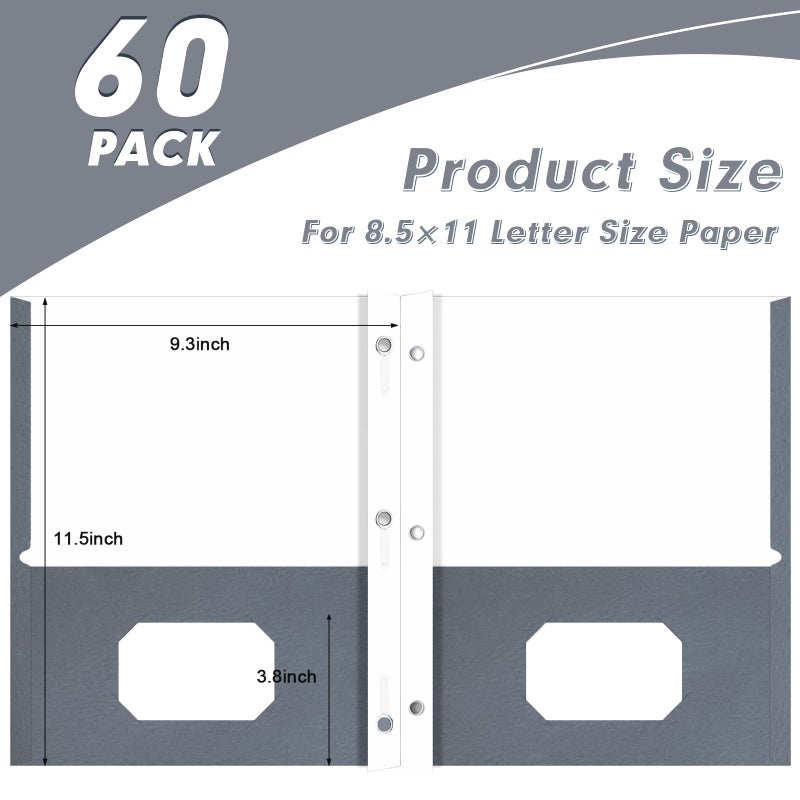 PANDRI Two Pocket Folders, PANDRI 60 Pack Two Pocket Folders with Prongs, 3 Prong Folders Designed for Office and Classroom, Letter Size Grey - Image 4